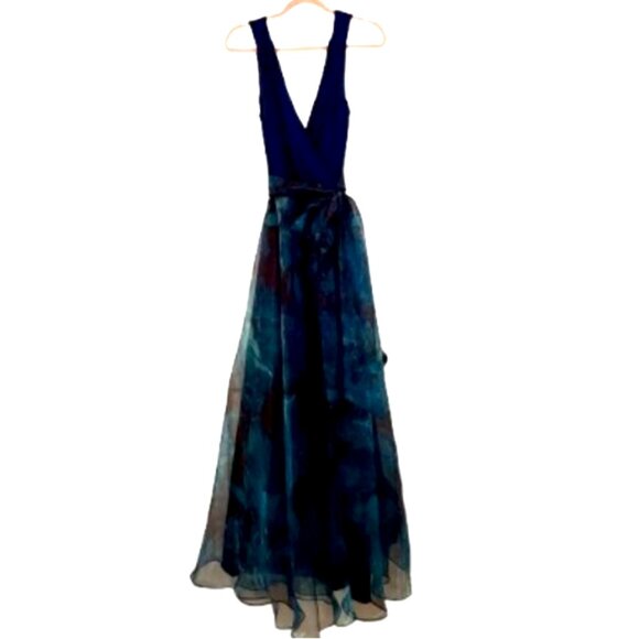 Eliza J Teal Floral Chiffon Ball Gown | Size 12 | Sleeveless V-Neck - Picture 6 of 12